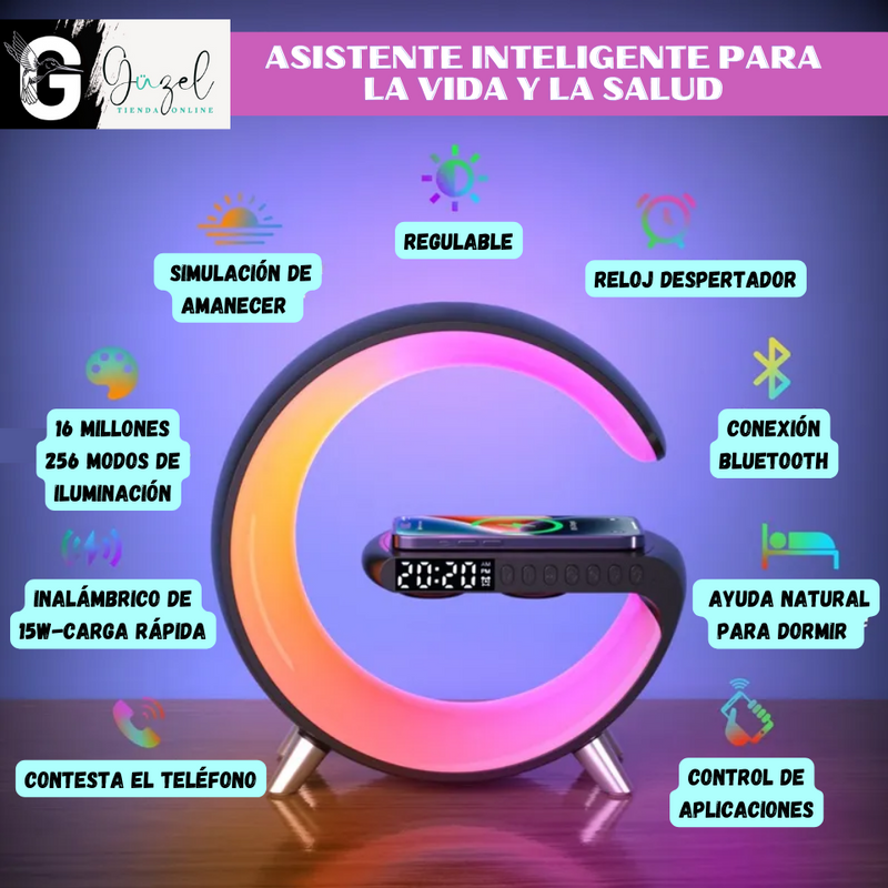 LAMPARA G INTELIGENTE PREMIUN- LUZ LED - BLUETOOTH - CARGADOR Qi- RELOJ DESPERTADOR